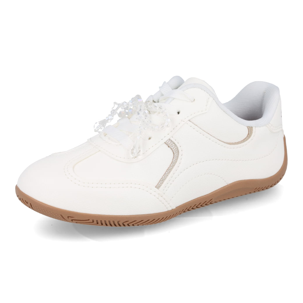 Tênis casual infantil Pink Cats branco com detalhes champagne, vista frontal lateral esquerda